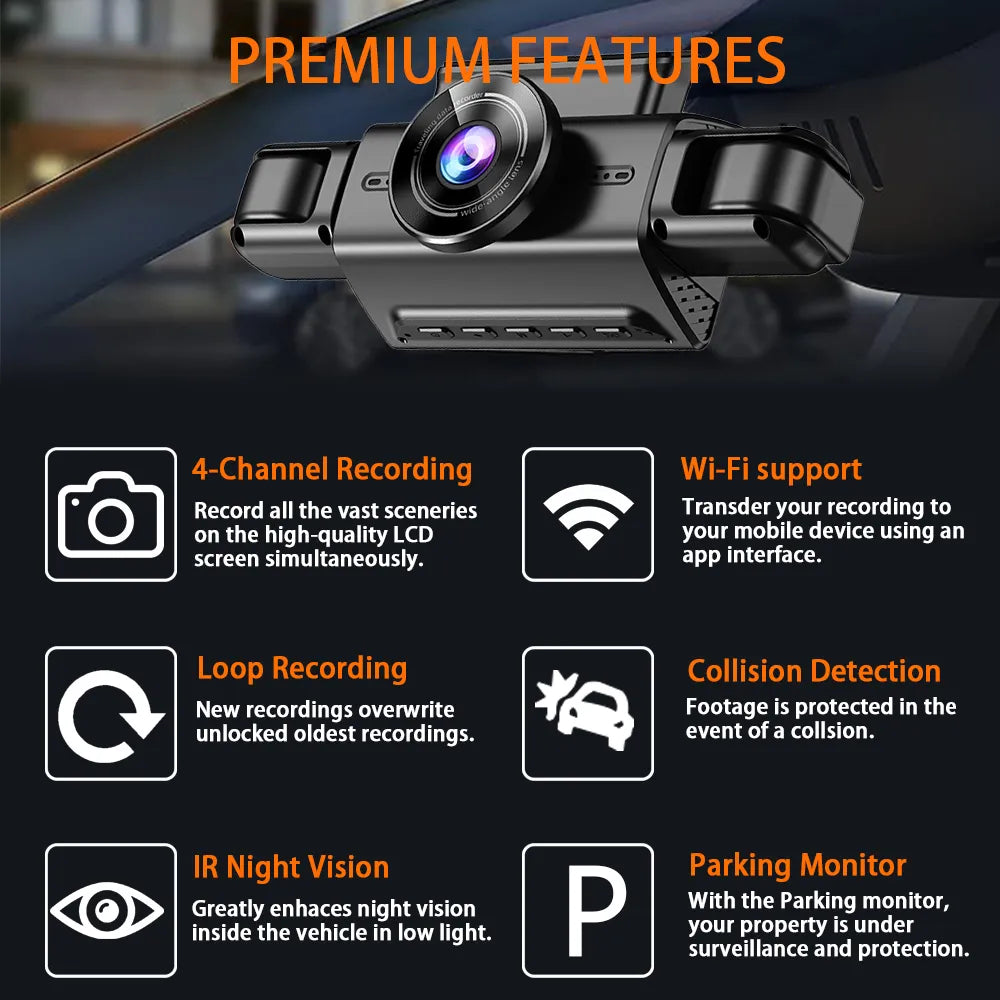 4CH Hidden Dash Cam WiFi APP Car DVR 360° Parking Monitor Night Vision WDR Loop Recording G-Sensor Motion Detection Blackbox