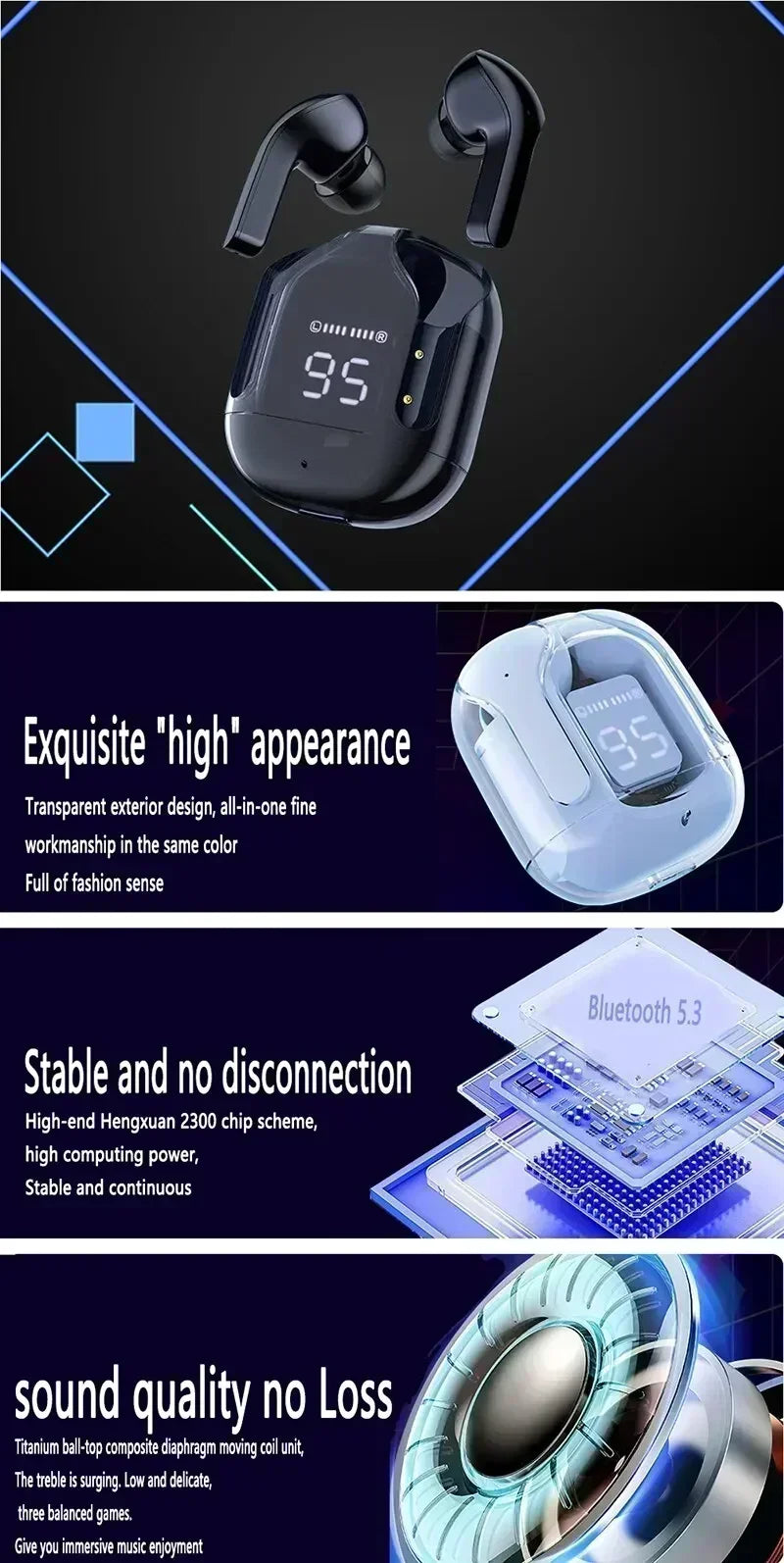 T2 Tws Wireless Bluetooth Headset Transparent Wireless Headphones Power Digital Display Stereo Sound Earphones for Smartphones