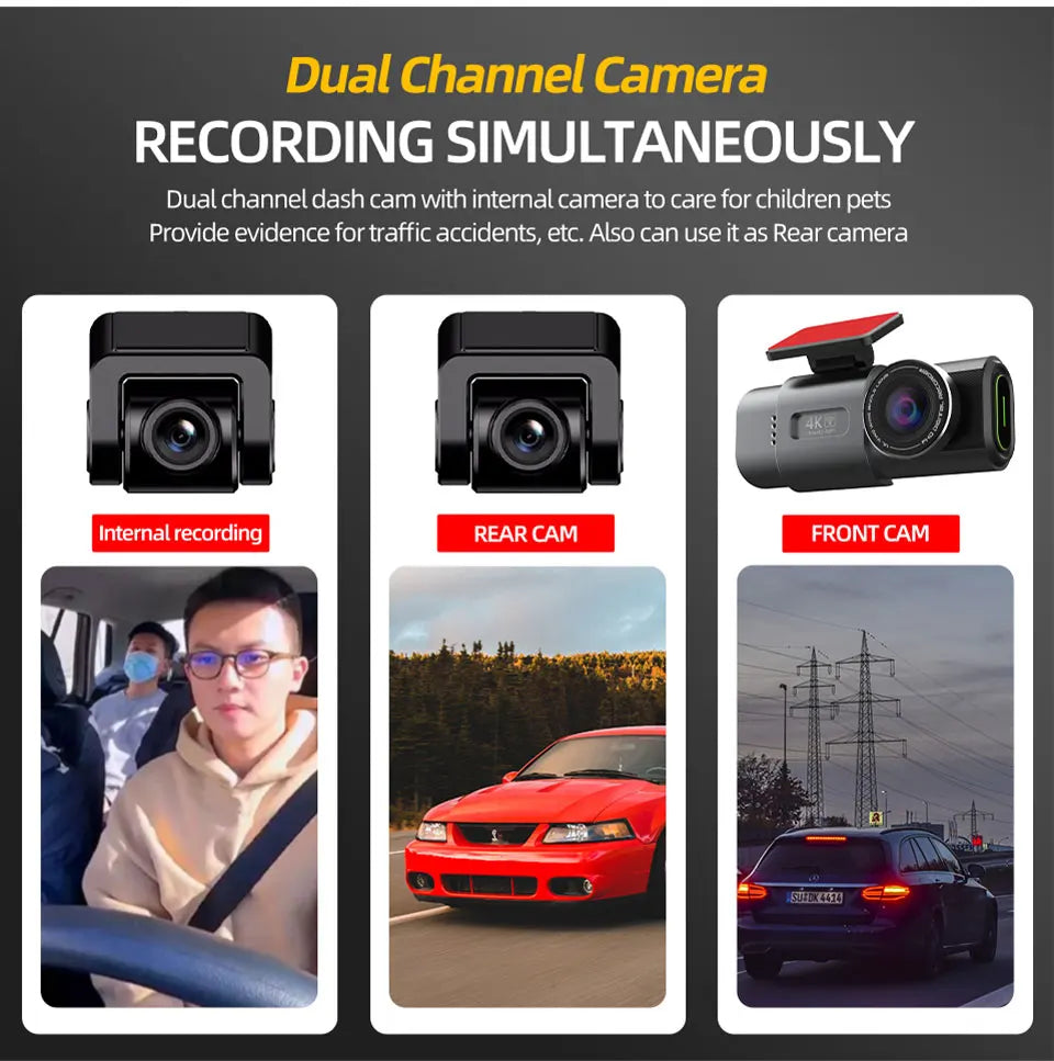 Dash Cam 4K UHD Recording Car Camera DVR Night Vision Video Recorder Built-In Wi-Fi Support Dual Lens GPS 24H Parking
