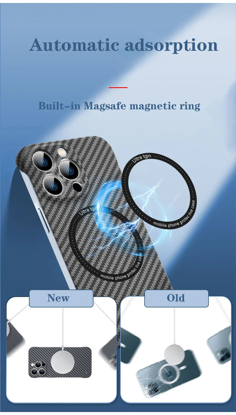 Magnetic Wireless Charging PC Case for iPhone 14 15 Plus 13 12 11 Pro Max Magsafe Carbon Fiber Texture Frameless for Hard Cover