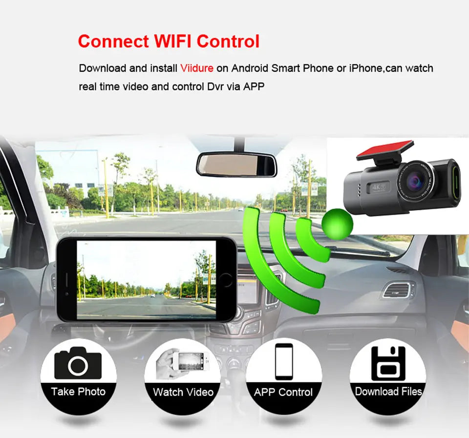 Dash Cam 4K UHD Recording Car Camera DVR Night Vision Video Recorder Built-In Wi-Fi Support Dual Lens GPS 24H Parking