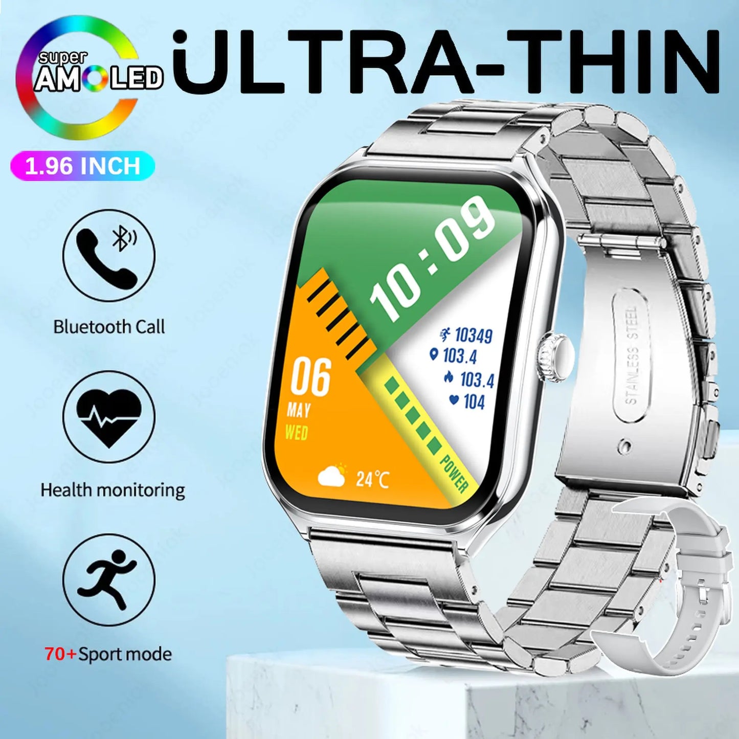 2025 New Ultra Thin Smart Watch Men 1.96"AMOLED 368*448 HD Display Always Show Time Health Monitor Waterproof BT Call Smartwatch