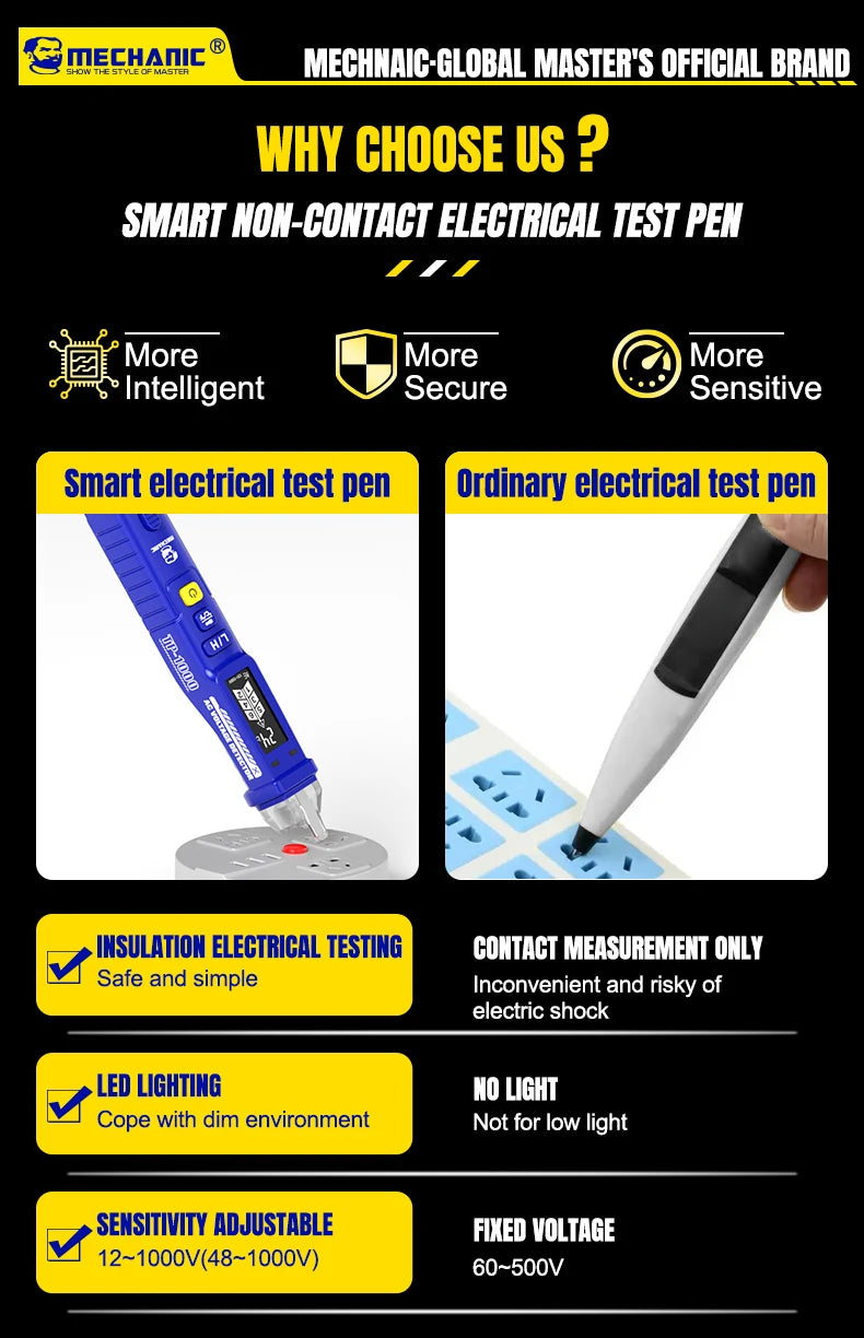 MECHANIC Non-Contact Voltage Tester Pen 12-1000V AC Detector with LED Flashlight, Electrical Tester for Home/Electricians