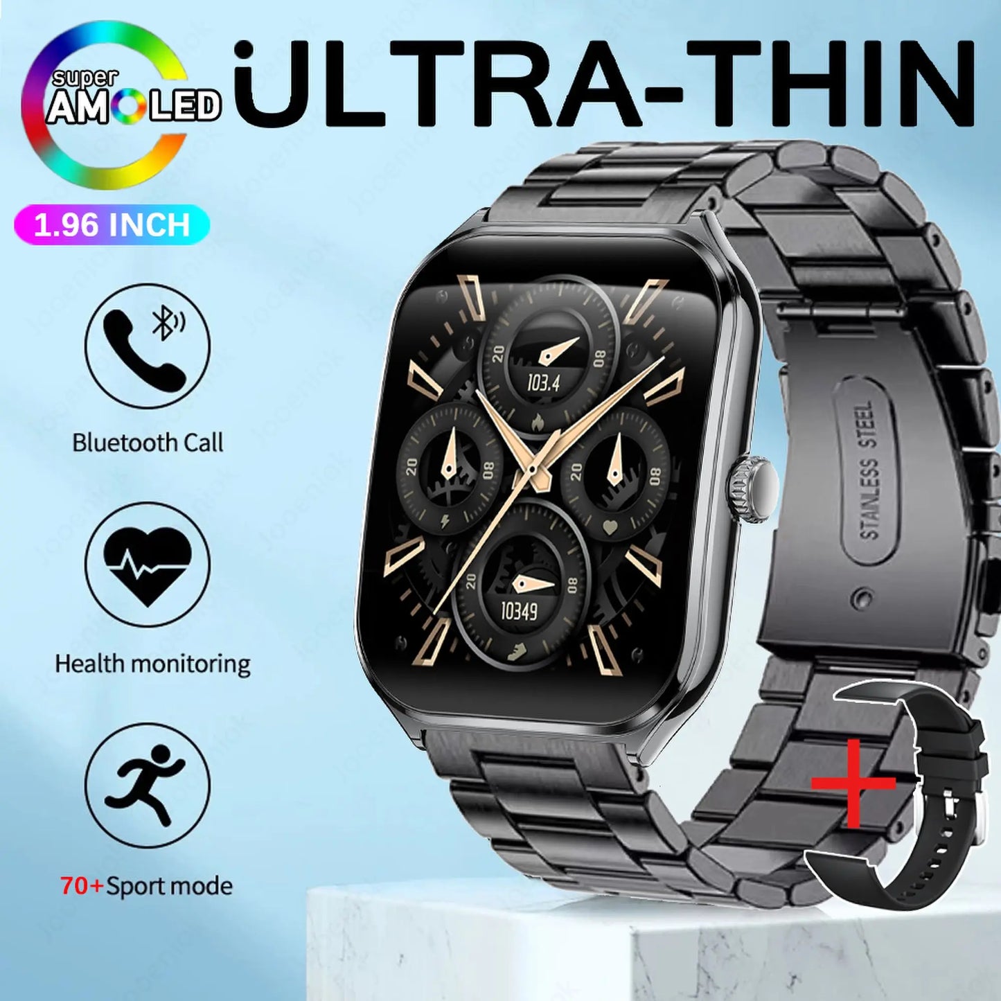 2025 New Ultra Thin Smart Watch Men 1.96"AMOLED 368*448 HD Display Always Show Time Health Monitor Waterproof BT Call Smartwatch