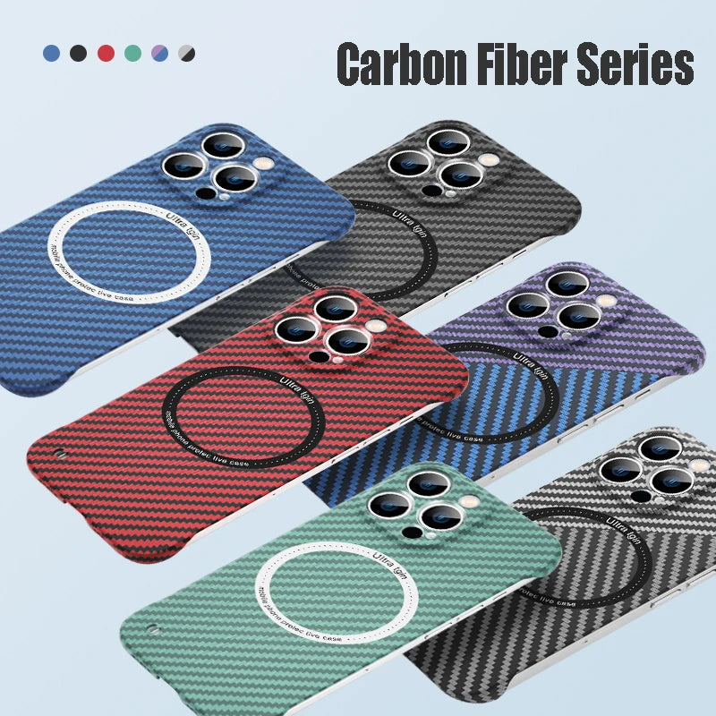Magnetic Wireless Charging PC Case for iPhone 14 15 Plus 13 12 11 Pro Max Magsafe Carbon Fiber Texture Frameless for Hard Cover