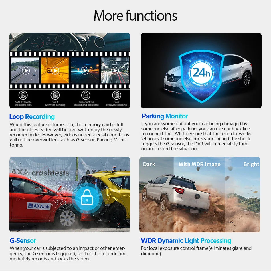 Dash Cam 4K UHD Recording Car Camera DVR Night Vision Video Recorder Built-In Wi-Fi Support Dual Lens GPS 24H Parking
