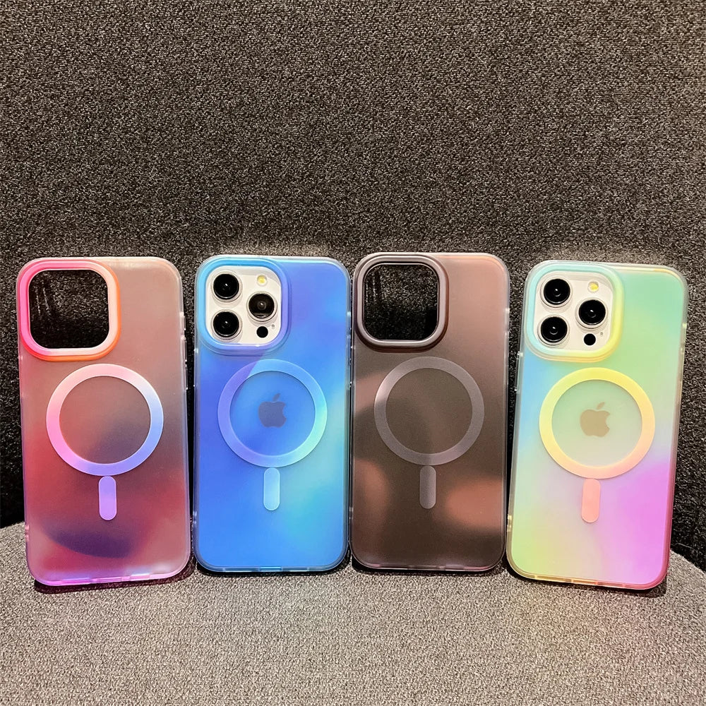 Aurora Gradient Matte Magnetic Case For iPhone 16 15 14 Pro Max 16 Plus 13 Laser Colorful Rainbow for Magsafe Shockproof Cover