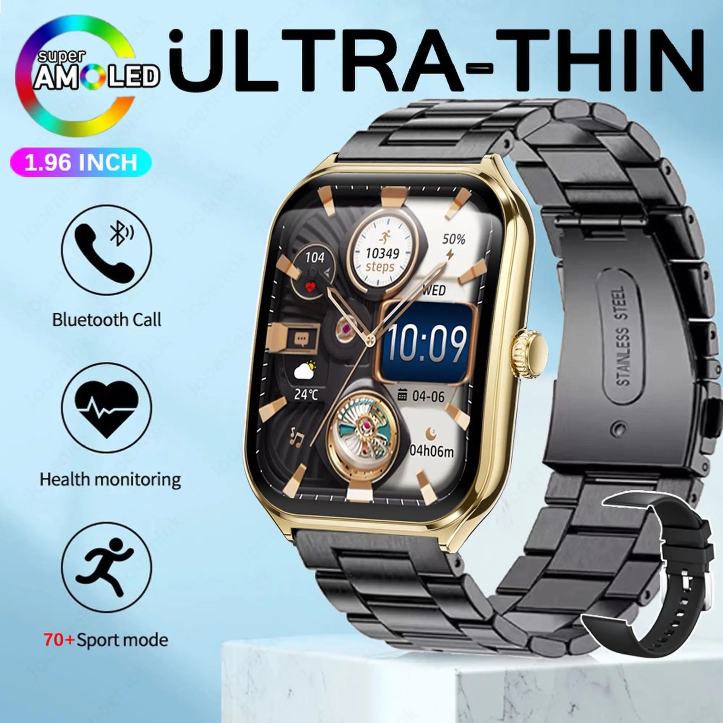2025 New Ultra Thin Smart Watch Men 1.96"AMOLED 368*448 HD Display Always Show Time Health Monitor Waterproof BT Call Smartwatch