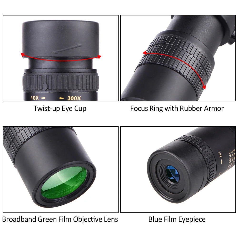 10-300X40mm BAK4 Prism Monocular Telescope Spotting Scope with Smartphone Holder and Tripod for Adults Bird Watching For Outdoor