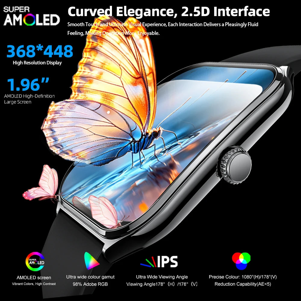 2025 New Ultra Thin Smart Watch Men 1.96"AMOLED 368*448 HD Display Always Show Time Health Monitor Waterproof BT Call Smartwatch