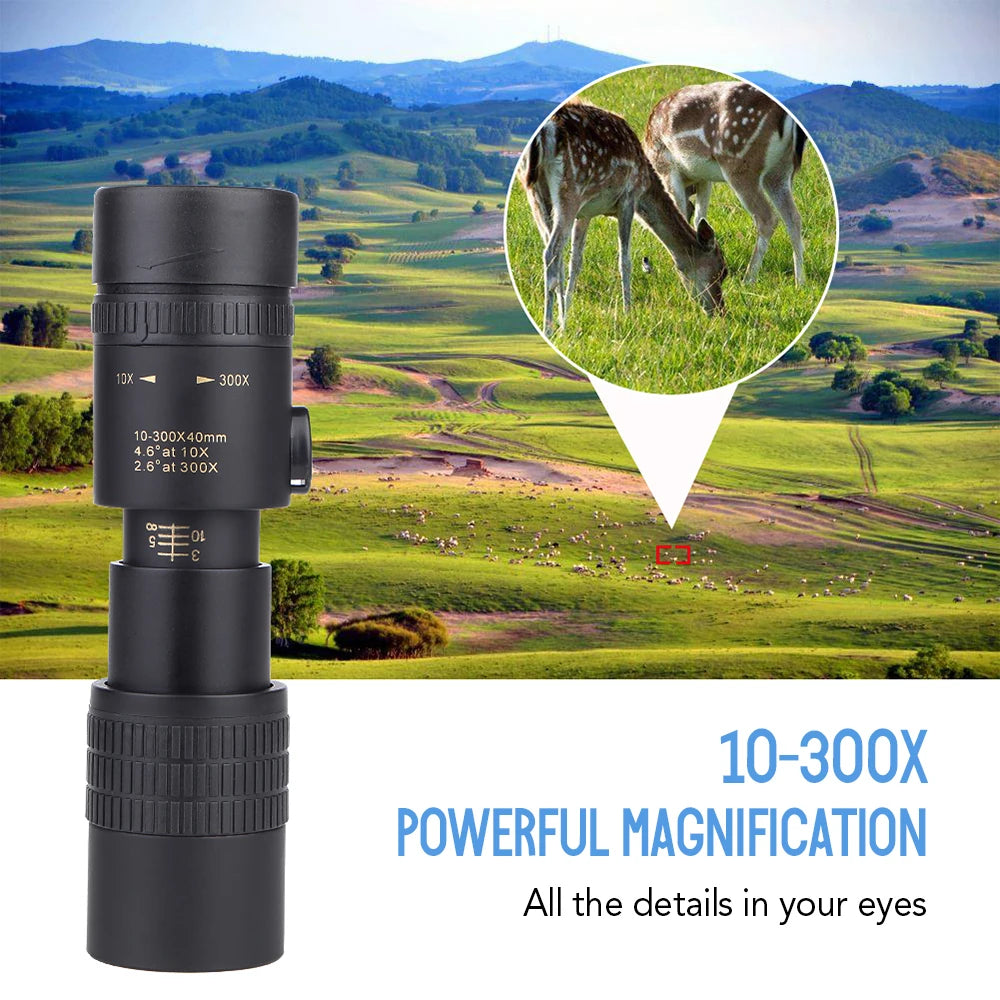 10-300X40mm BAK4 Prism Monocular Telescope Spotting Scope with Smartphone Holder and Tripod for Adults Bird Watching For Outdoor