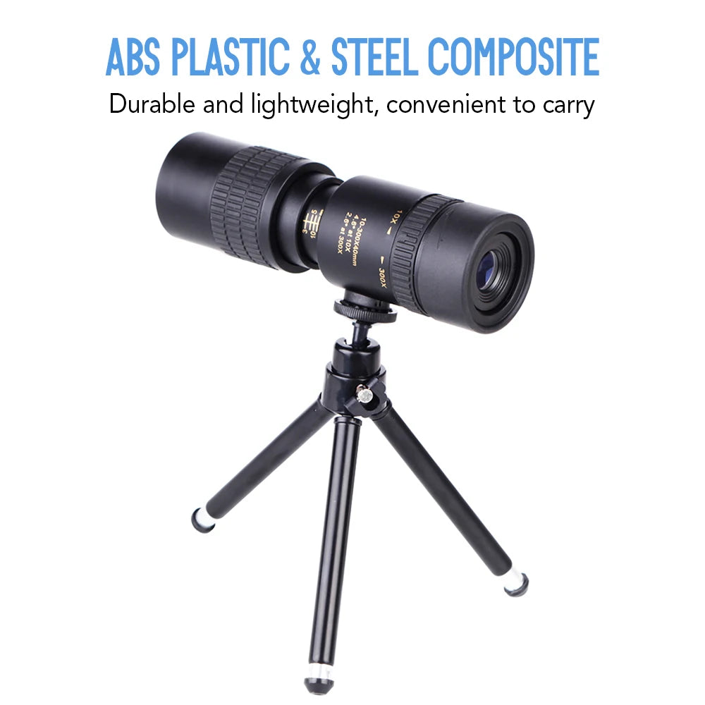 10-300X40mm BAK4 Prism Monocular Telescope Spotting Scope with Smartphone Holder and Tripod for Adults Bird Watching For Outdoor