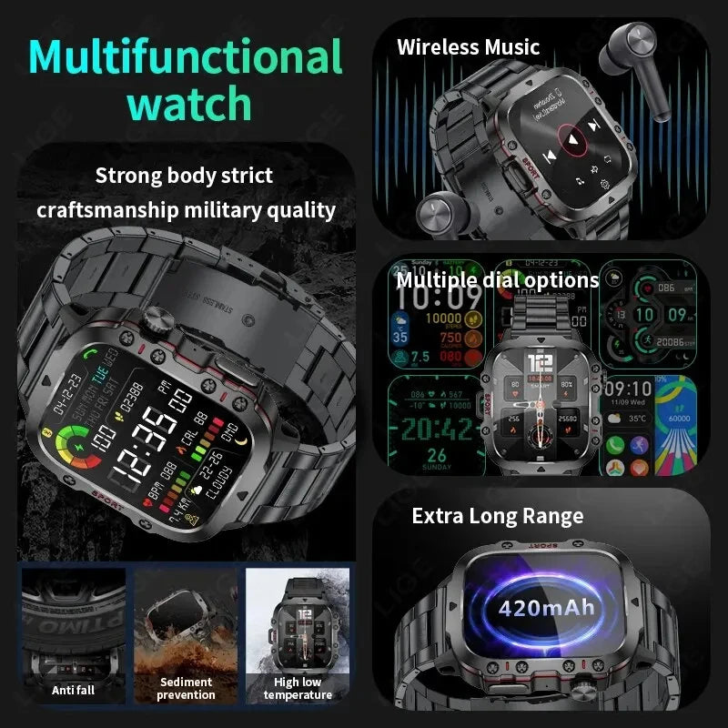 New Original Rugged Military Men Smart Watch Bluetooth Call Fitness Clock 3ATM IP68 Waterproof Sports Smartwatch for Android iOS