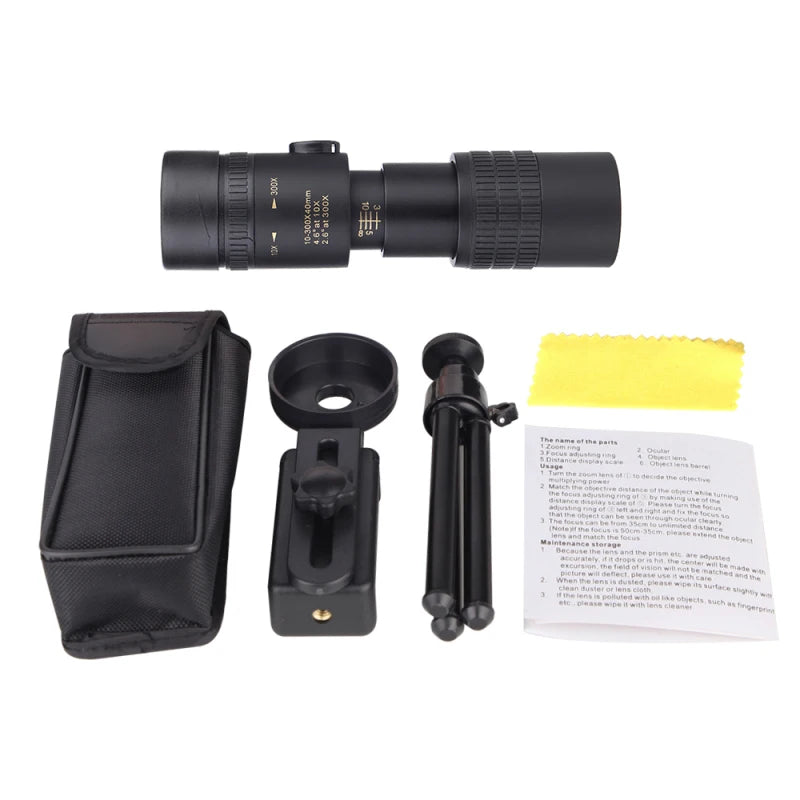 10-300X40mm BAK4 Prism Monocular Telescope Spotting Scope with Smartphone Holder and Tripod for Adults Bird Watching For Outdoor