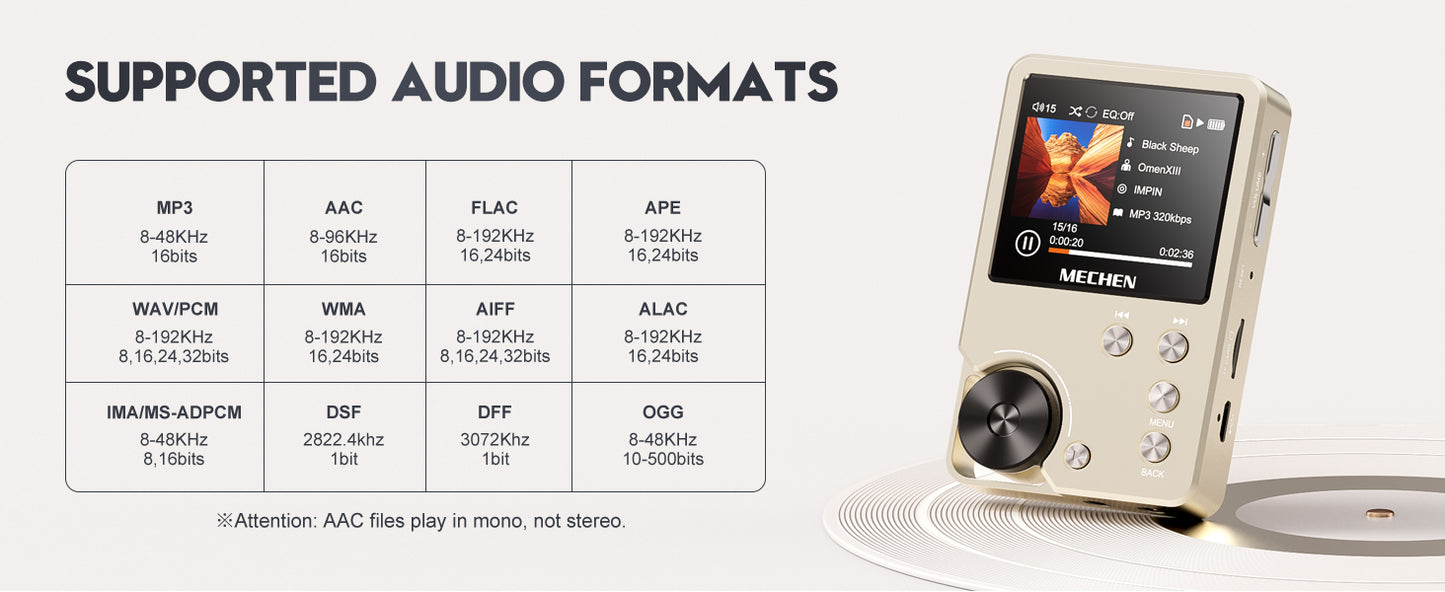 MP3 Player Lossless DSD High Definition Portable Hi-Fi Digital Audio Music Player With 64GB Memory Card Supports Up to 256GB