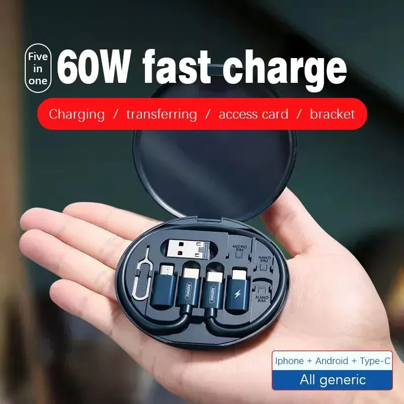 Portable Multi-functional Data Cable Storage Box, 60W Fast Charging Mobile Phone Holder, Charging Cable Set, Multi Head Adapter