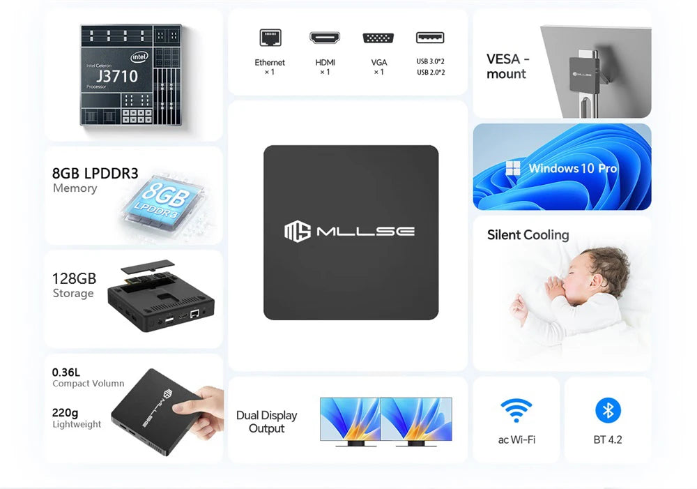 MLLSE Mini PC M2 Air Intel Gemini Lake N4000 Intel J3710 Windows 11 6GB RAM 128GB ROM Dual-Band WiFi Bluetooth USB Mini Computer