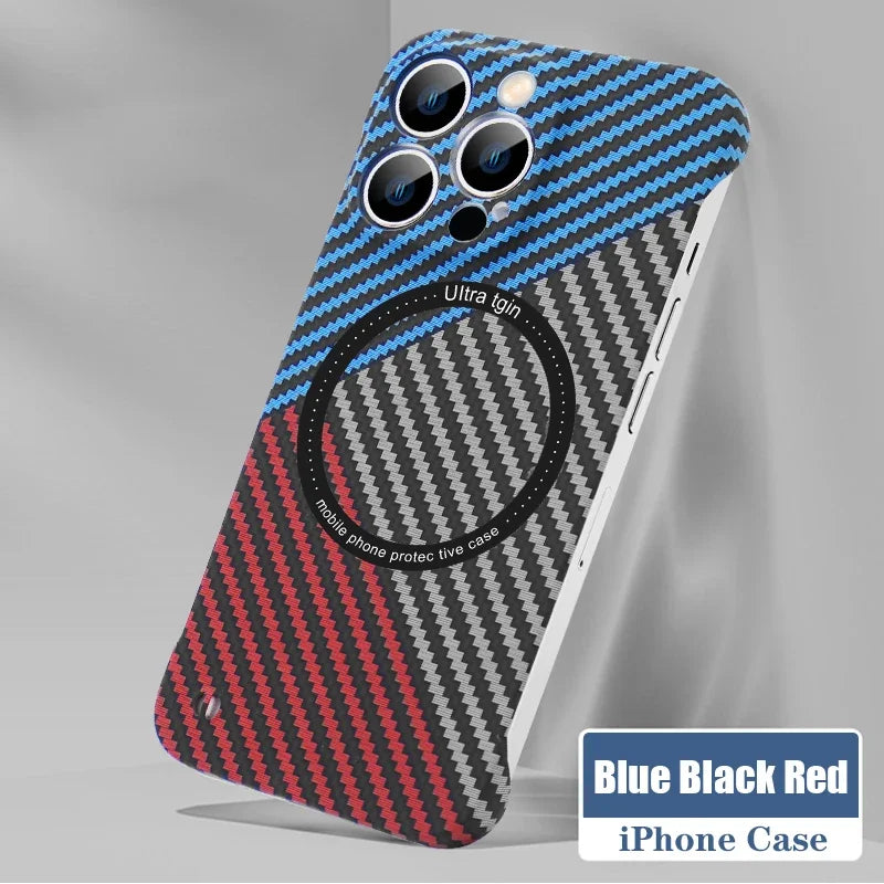 Magnetic Wireless Charging PC Case for iPhone 14 15 Plus 13 12 11 Pro Max Magsafe Carbon Fiber Texture Frameless for Hard Cover