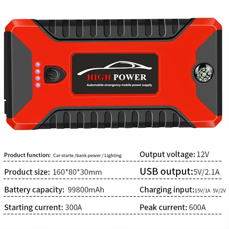 Portable Car Jump Starter Power Bank 99800mAh Emergency Start-up Charger 600A 12V for Cars Booster Battery Quick Starting Device