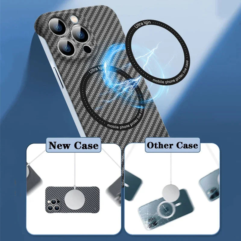 Magnetic Wireless Charging PC Case for iPhone 14 15 Plus 13 12 11 Pro Max Magsafe Carbon Fiber Texture Frameless for Hard Cover