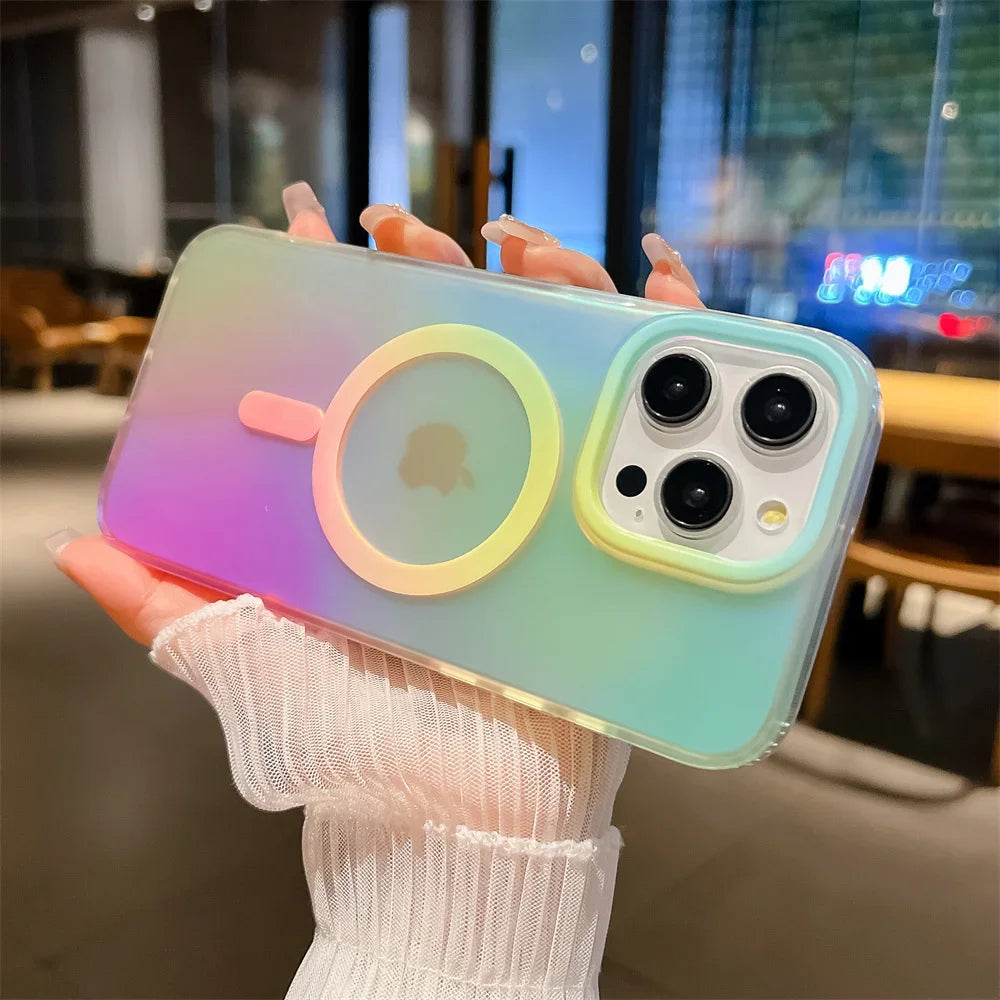 Aurora Gradient Matte Magnetic Case For iPhone 16 15 14 Pro Max 16 Plus 13 Laser Colorful Rainbow for Magsafe Shockproof Cover