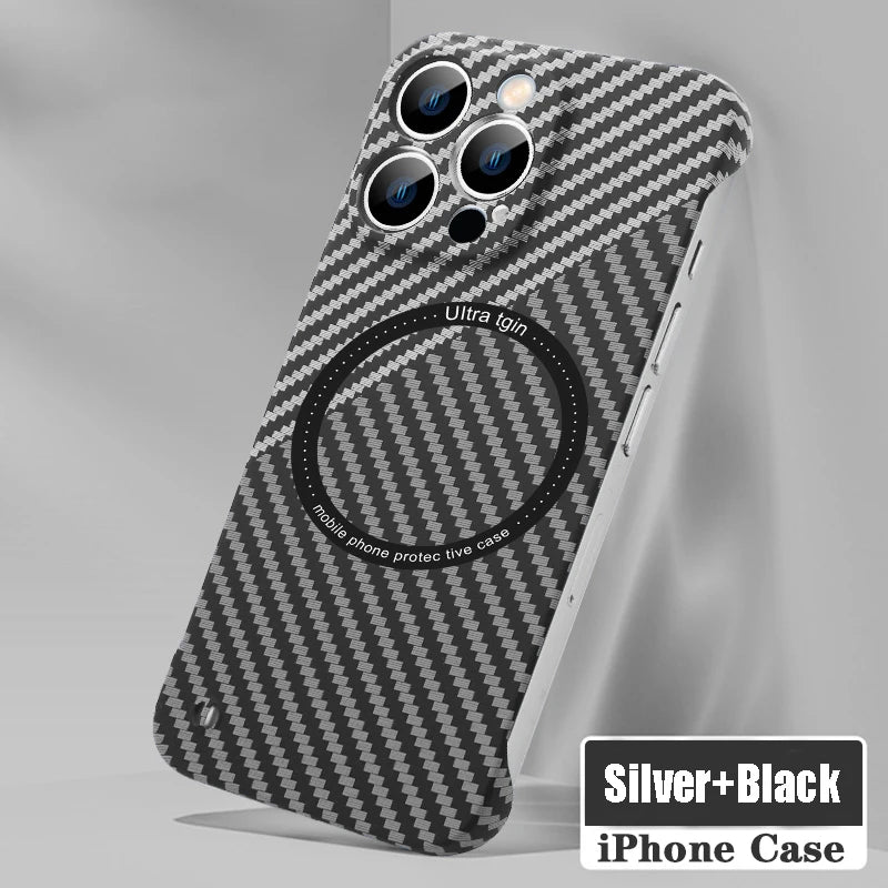 Magnetic Wireless Charging PC Case for iPhone 14 15 Plus 13 12 11 Pro Max Magsafe Carbon Fiber Texture Frameless for Hard Cover