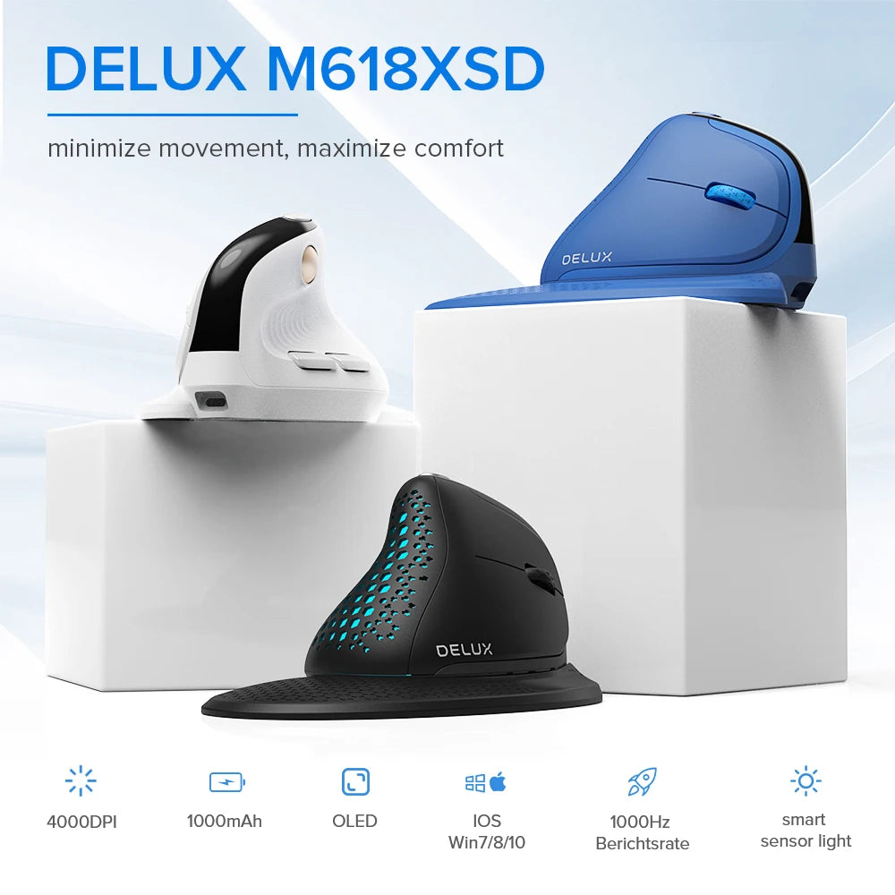 Delux M618XSD Wireless Mouse OLED Screen Designer Tri Mode Seeker Ergonomic Mouse 1000mAh Removable Back Cover Pc Gamer Office