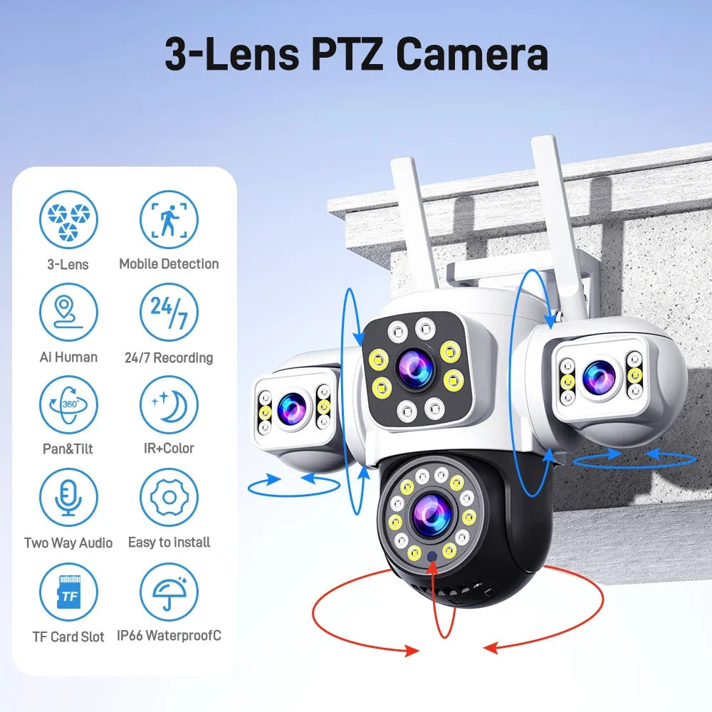 ANSVICAM 6K 12MP Triple Screen Triple Lens Outdoor WiFi PTZ 360° IP66 Yoosee CCTV Surveillance Camera for Complete Security