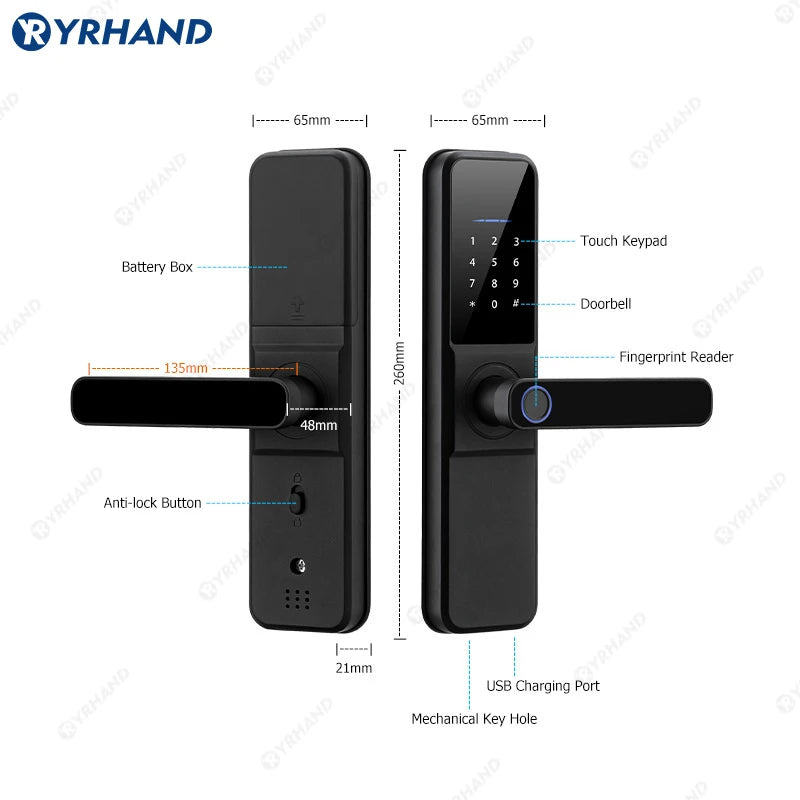 YRHAND H01 Tuya wifi App Unlock fechadura Biometric eletronica digital Waterpoof Fingerprint IC card Smart Door Lock for Home
