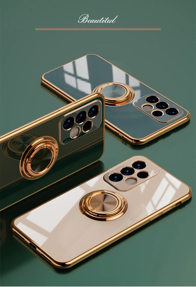 Plating Metal Ring Holder Phone Case For Samsung Galaxy S24 S22 S23 Ultra S21 FE S20 Plus A15 A52 A25 A53 A55 Note 20 Back Cover