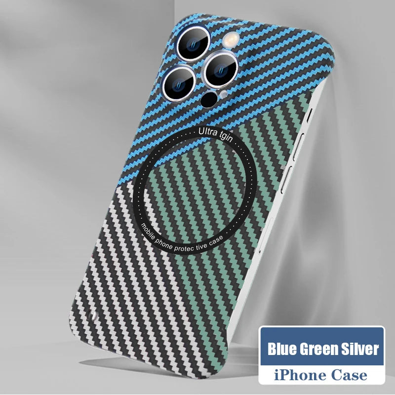 Magnetic Wireless Charging PC Case for iPhone 14 15 Plus 13 12 11 Pro Max Magsafe Carbon Fiber Texture Frameless for Hard Cover