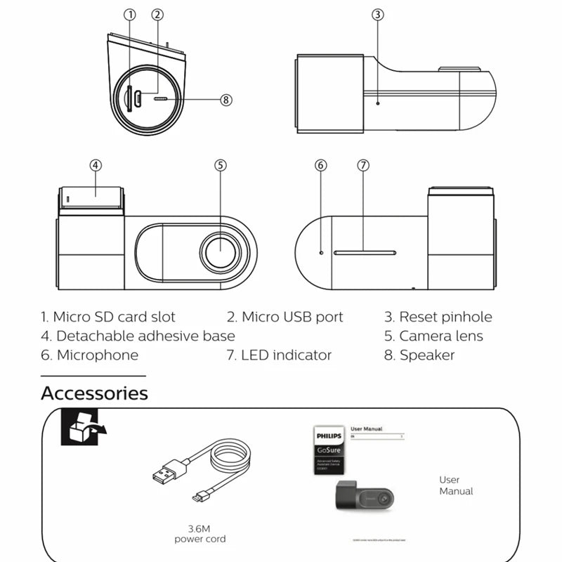 philips Front WiFi Car 1080P HD Driver Video Recorder USB Car DVR Camera Loop Recording GoSure GS3201 Internal 64G memory card