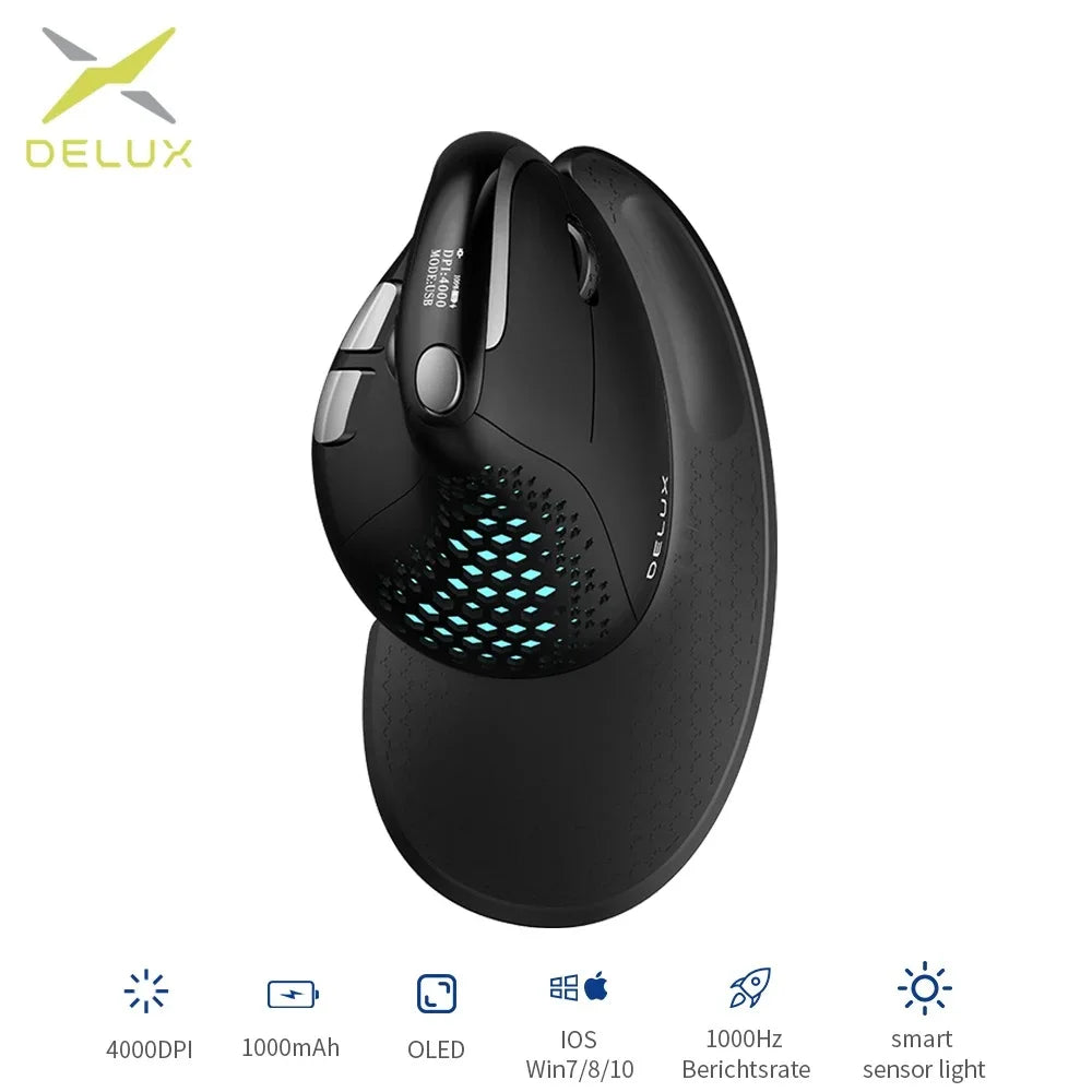 Delux M618XSD Wireless Mouse OLED Screen Designer Tri Mode Seeker Ergonomic Mouse 1000mAh Removable Back Cover Pc Gamer Office