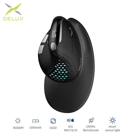 Delux M618XSD Wireless Mouse OLED Screen Designer Tri Mode Seeker Ergonomic Mouse 1000mAh Removable Back Cover Pc Gamer Office