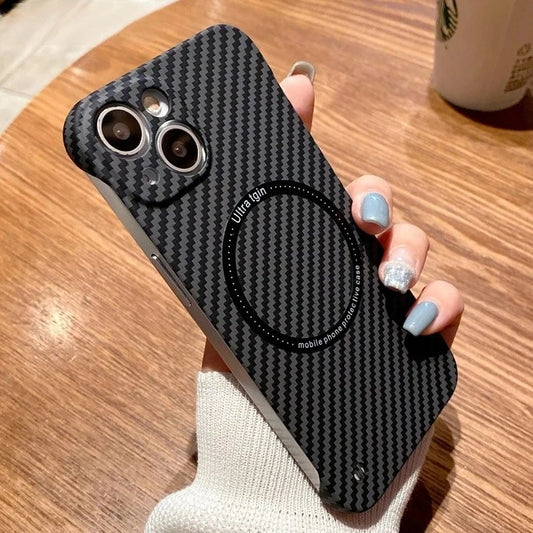 Magnetic Wireless Charging PC Case for iPhone 14 15 Plus 13 12 11 Pro Max Magsafe Carbon Fiber Texture Frameless for Hard Cover