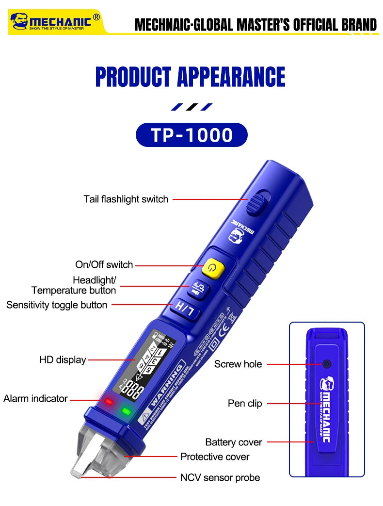 MECHANIC Non-Contact Voltage Tester Pen 12-1000V AC Detector with LED Flashlight, Electrical Tester for Home/Electricians