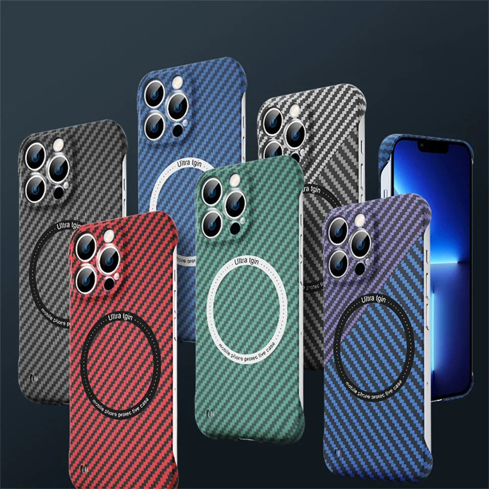 Magnetic Wireless Charging PC Case for iPhone 14 15 Plus 13 12 11 Pro Max Magsafe Carbon Fiber Texture Frameless for Hard Cover