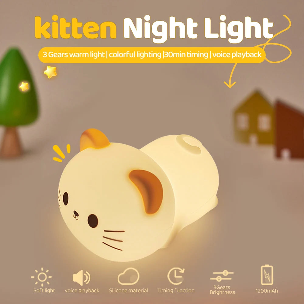 Silicone Dog Nursery Night Light 3 Level Brightness Cat Sleeping Nightlights Touch Sensor Beside Lamp For Kids Room