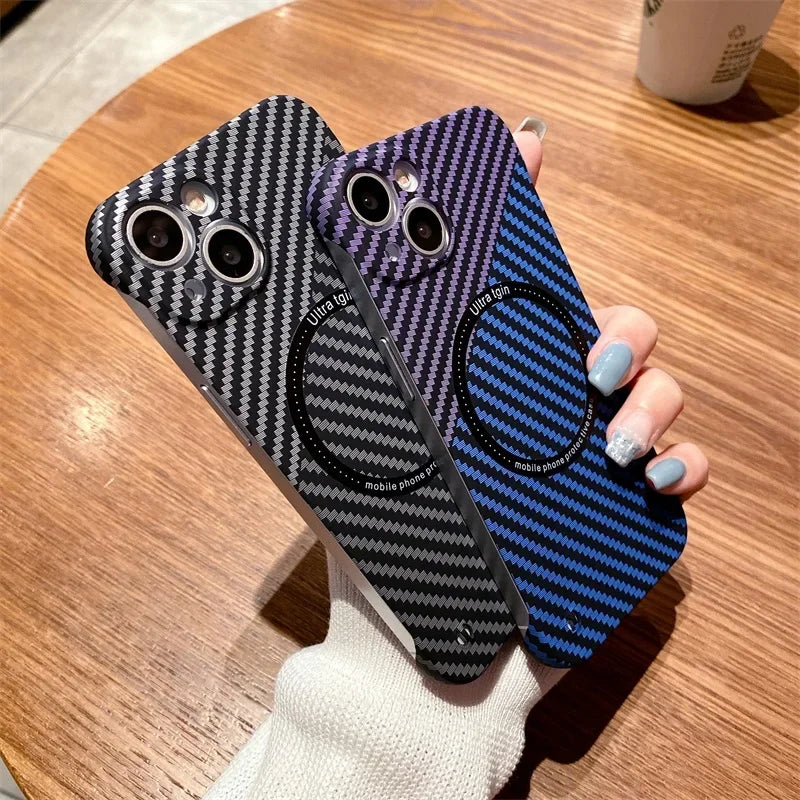 Magnetic Wireless Charging PC Case for iPhone 14 15 Plus 13 12 11 Pro Max Magsafe Carbon Fiber Texture Frameless for Hard Cover