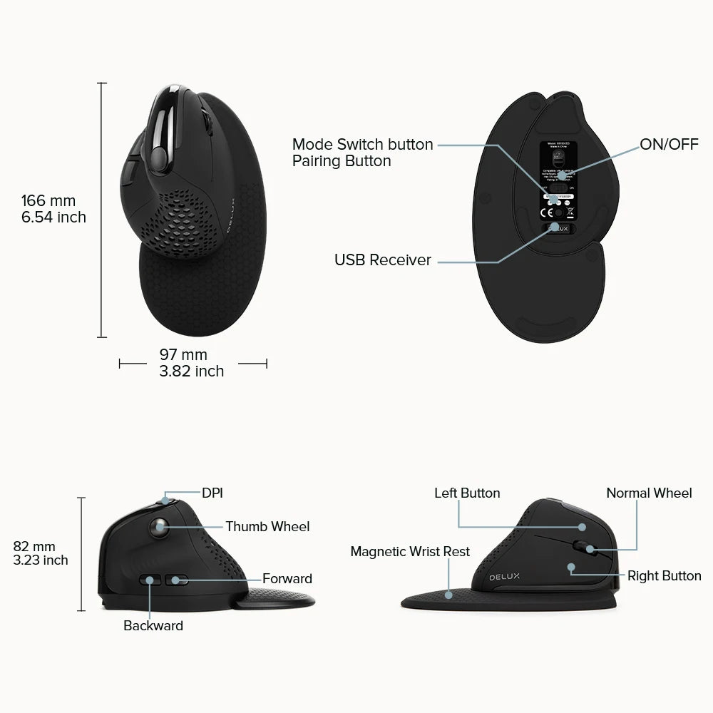 Delux M618XSD Wireless Mouse OLED Screen Designer Tri Mode Seeker Ergonomic Mouse 1000mAh Removable Back Cover Pc Gamer Office