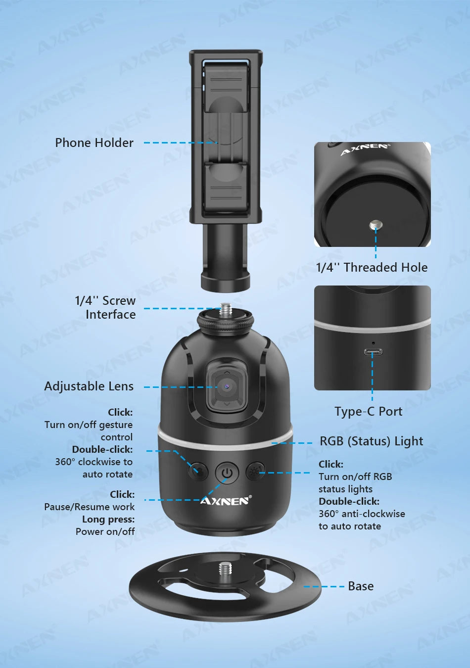 Smart Auto Face Tracking Desktop AI Gimbal for Smartphone & Action Camera 360 Rotation Follow Focus Vlog Kit, Option with Tripod