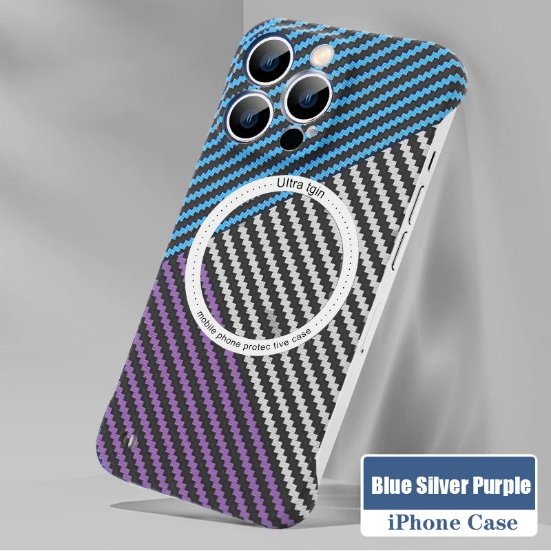 Magnetic Wireless Charging PC Case for iPhone 14 15 Plus 13 12 11 Pro Max Magsafe Carbon Fiber Texture Frameless for Hard Cover