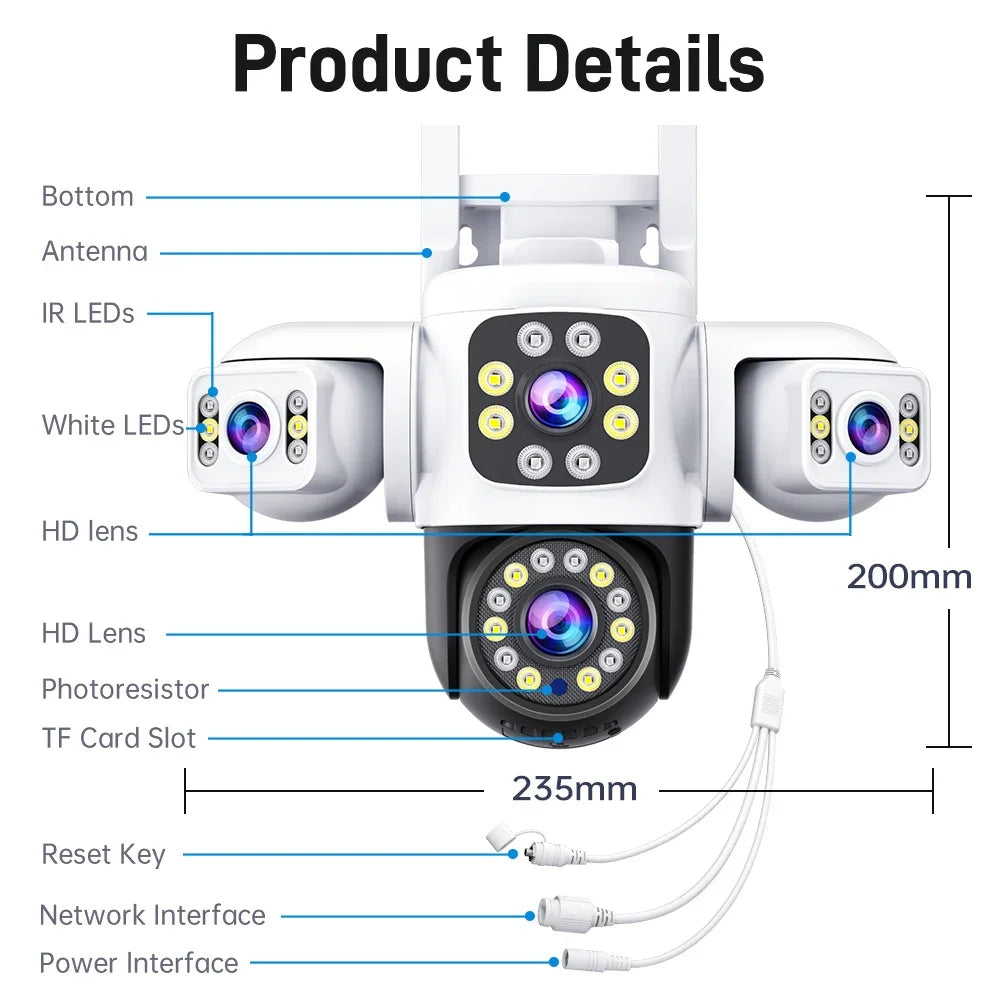 ANSVICAM 6K 12MP Triple Screen Triple Lens Outdoor WiFi PTZ 360° IP66 Yoosee CCTV Surveillance Camera for Complete Security