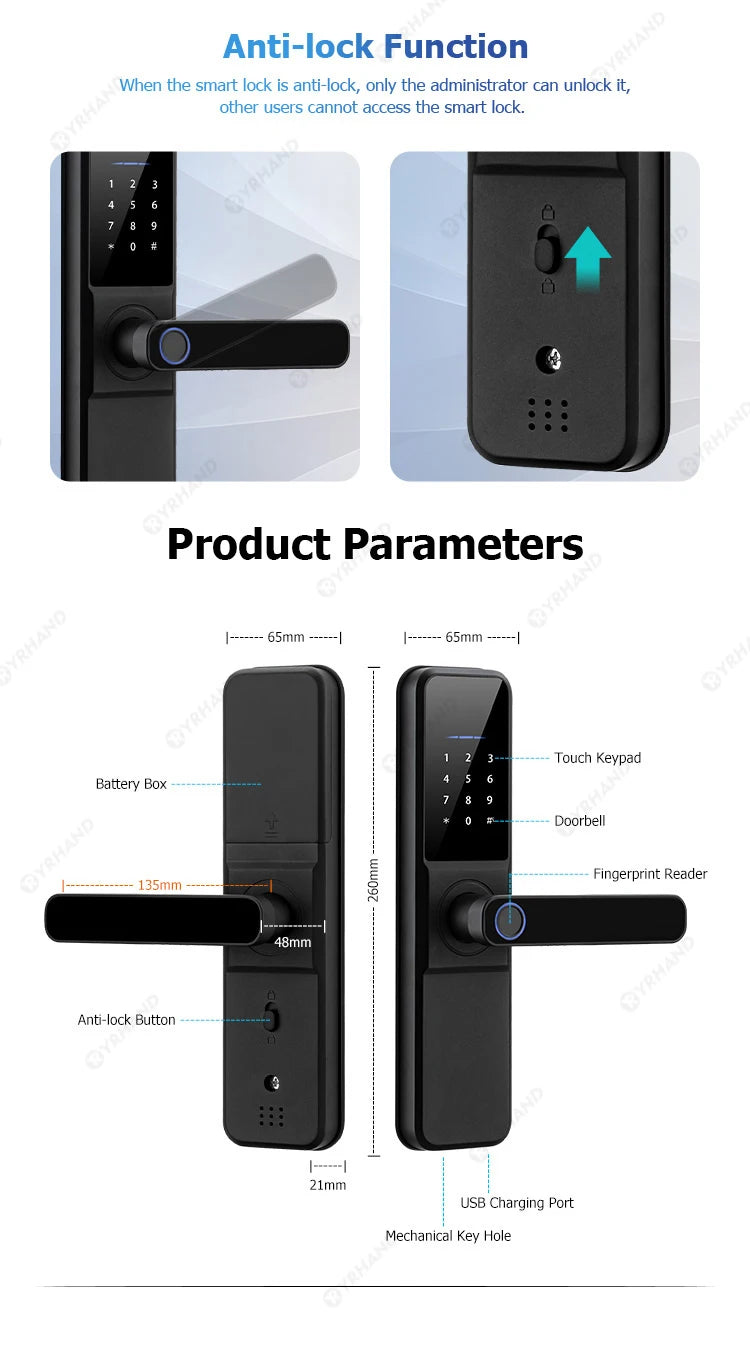 YRHAND H01 Tuya wifi App Unlock fechadura Biometric eletronica digital Waterpoof Fingerprint IC card Smart Door Lock for Home