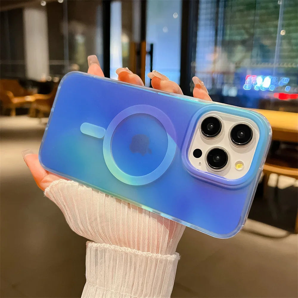 Aurora Gradient Matte Magnetic Case For iPhone 16 15 14 Pro Max 16 Plus 13 Laser Colorful Rainbow for Magsafe Shockproof Cover