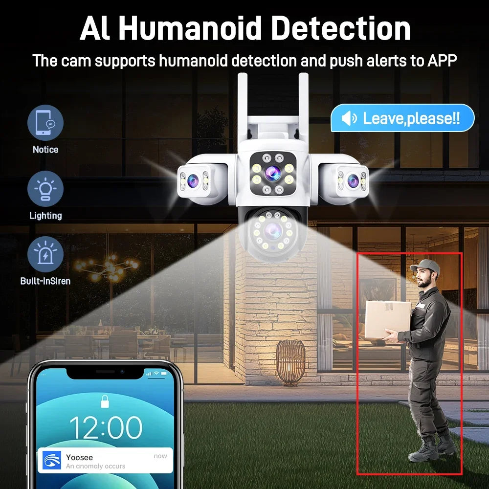 ANSVICAM 6K 12MP Triple Screen Triple Lens Outdoor WiFi PTZ 360° IP66 Yoosee CCTV Surveillance Camera for Complete Security