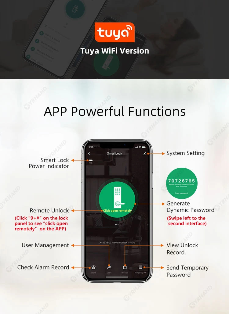 YRHAND H01 Tuya wifi App Unlock fechadura Biometric eletronica digital Waterpoof Fingerprint IC card Smart Door Lock for Home