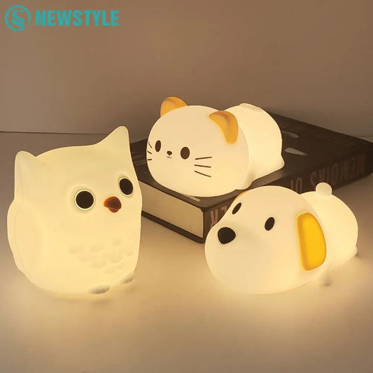 Silicone Dog Nursery Night Light 3 Level Brightness Cat Sleeping Nightlights Touch Sensor Beside Lamp For Kids Room